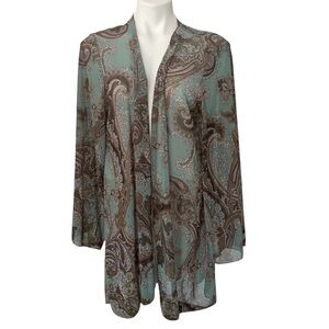 Lightheart Sheer Teal Brown Paisley Open Front Kimona Coverup Sz L/XL